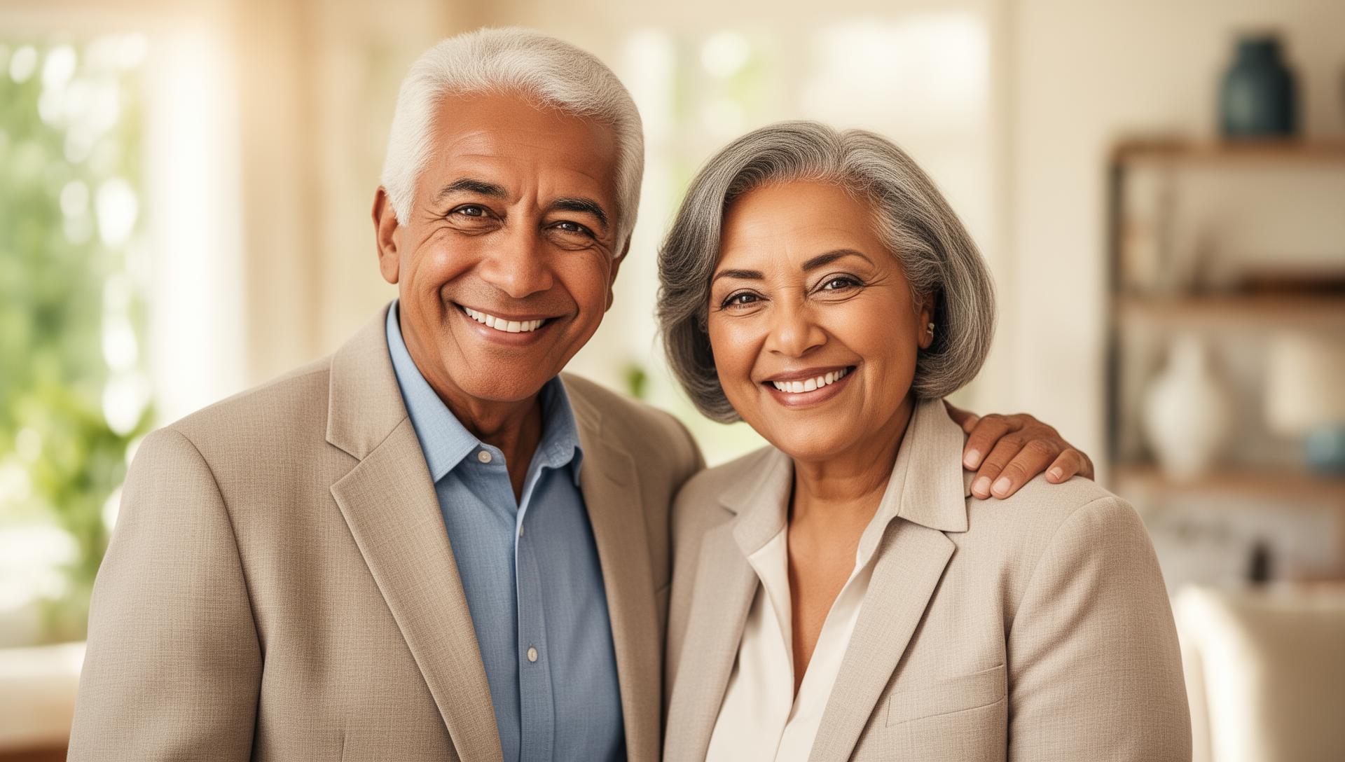 Happy senior Hispanic couple smiling - Medicare insurance planning