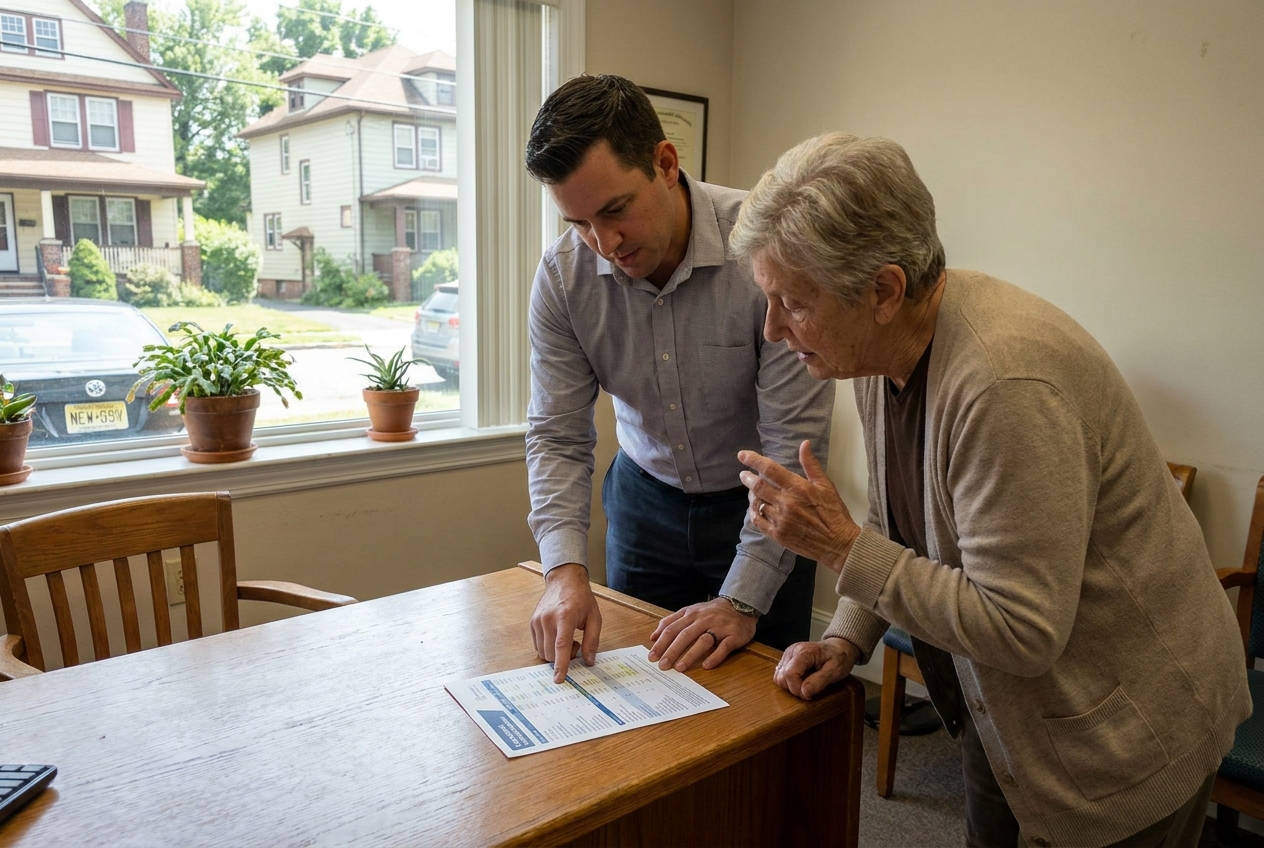 Licensed insurance agent explaining Medicare Advantage and Medigap options to a senior client with a printed comparison sheet