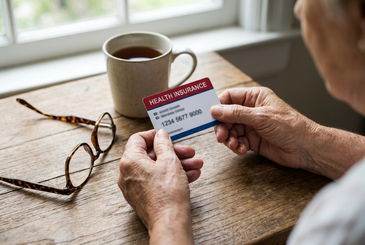 Older woman's hands holding a red, white and blue Medicare card beside reading glasses and a cup of tea