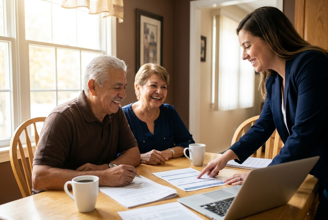 Senior couple at their New Jersey kitchen table reviewing Medicare enrollment paperwork with a licensed insurance agent