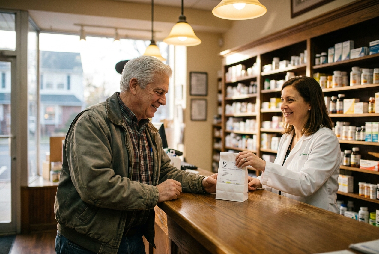 Senior man at a New Jersey pharmacy counter receiving a prescription from a pharmacist